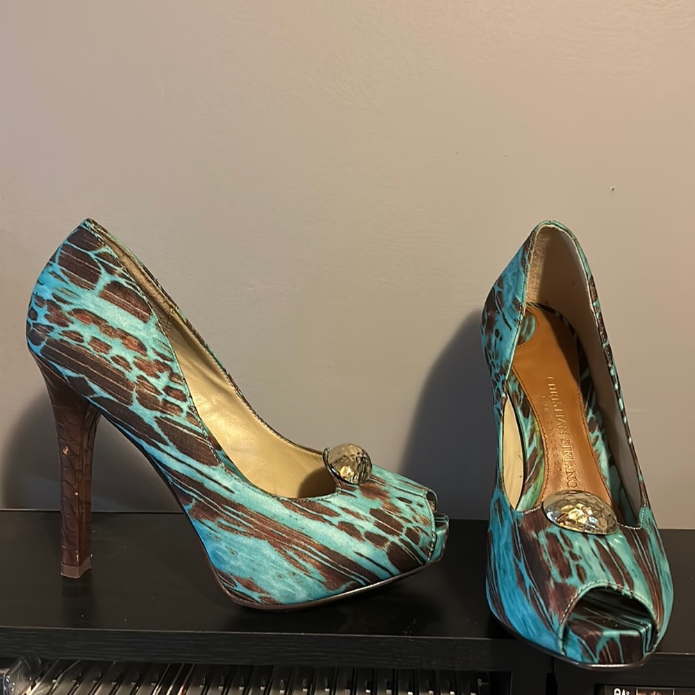 Christian Siriano blue and brown heels